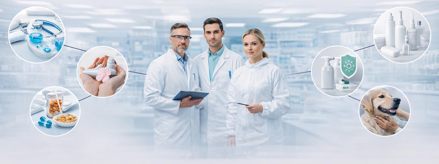 Equipo de Técnico Responsable rodeado de productos sanitarios AEMPS, biocidas y zoosanitarios